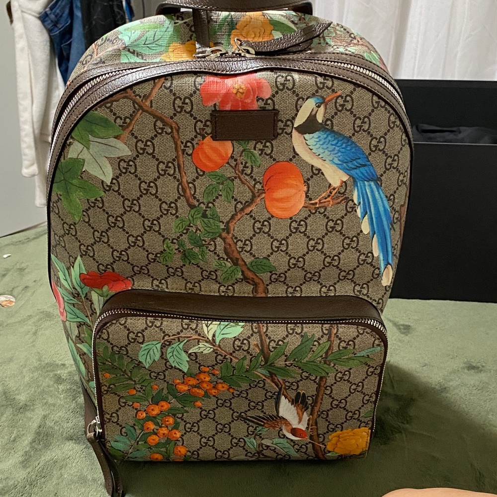 Gucci GG Supreme Backpack with Blue Bird and Orange Floral Accents Classic